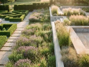Landschappelijke tuin met drie ontwerpstijlen: geometrische hagen, natuurlijke wildbloemweide en moderne siergrassen