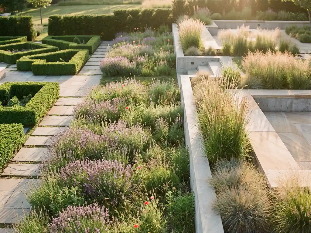 Landschappelijke tuin met drie ontwerpstijlen: geometrische hagen, natuurlijke wildbloemweide en moderne siergrassen
