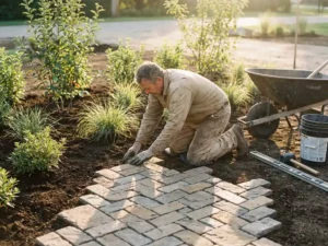 Tuinman legt natuurstenen tegels in geometrisch patroon tussen siergras en jonge struiken in zonnige tuin