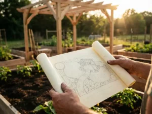 Hovenier houdt tuinontwerptekening vast met houten pergola en aangelegde bloemperken op de achtergrond
