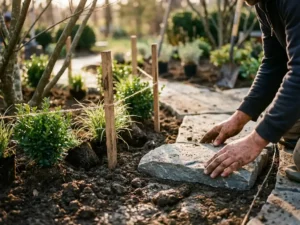 Verweerde handen van hovenier plaatsen laatste steen in gebogen tuinpad, omringd door pas geplante struiken en donkere aarde