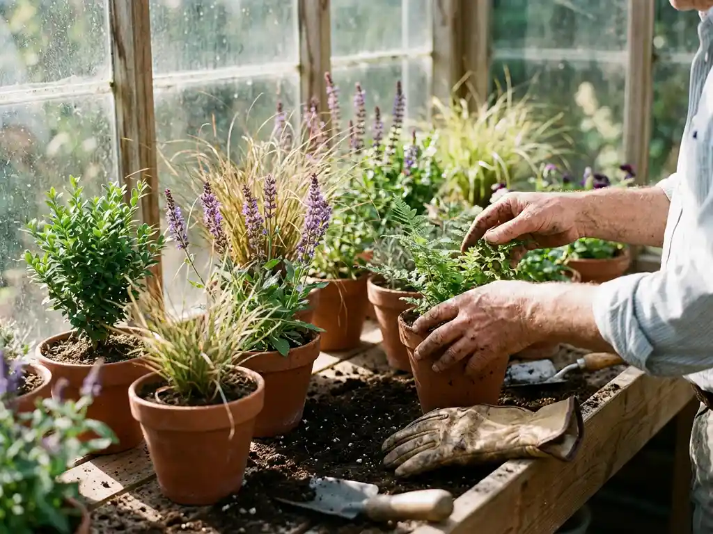 Hovenier selecteert diverse potplanten waaronder siergrassen en vaste planten op houten potbank in kas met terracotta potten