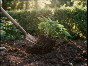 Tuinspade graaft vaste plant met intacte wortels uit donkere grond, verse aarde opzij, haag op achtergrond