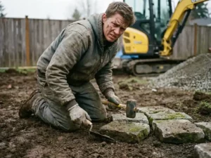 Gefrustreerde huiseigenaar knielt in modderige grond terwijl hij ongelijke tuintegels probeert te egaliseren met handgereedschap