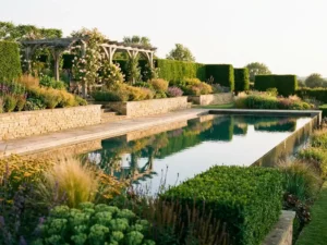 Luxueuze tuin bij gouden uur met infinity-zwemvijver, natuurstenen terrassen, siergrassen en klimrozen op een verweerde eiken pergola.