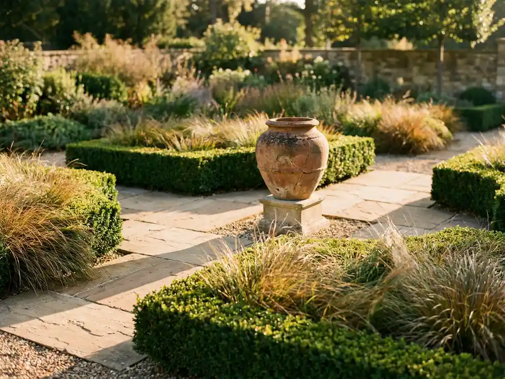 Luxueuze siertuin met geklipte buxushagen, siergras en natuurstenen bestrating in goudkleurig middaglicht, met verweerde terracotta pot als blikvanger.