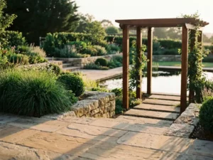 Luxueuze tuin met natuurstenen terrassen, siervijver en hardhouten pergola in warm middaglicht.