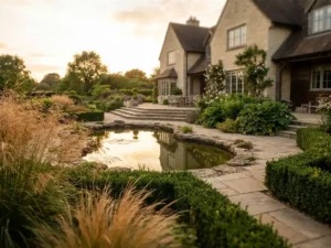 Luxueuze tuin van een vrijstaande Nederlandse villa met natuurstenen terrassen, siergras, geschoren hagen en een spiegelende vijver in middagzon.