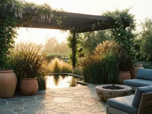 Luxueuze tuinterras met natuurstenen bestrating, siergras, houten pergola met klimplanten en reflecterend waterpartij in gouduurlicht.