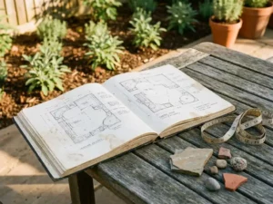 Open schetsboek met tuinontwerptekeningen op verweerde houten tafel, meetlint en natuursteenstalen in warm middaglicht.