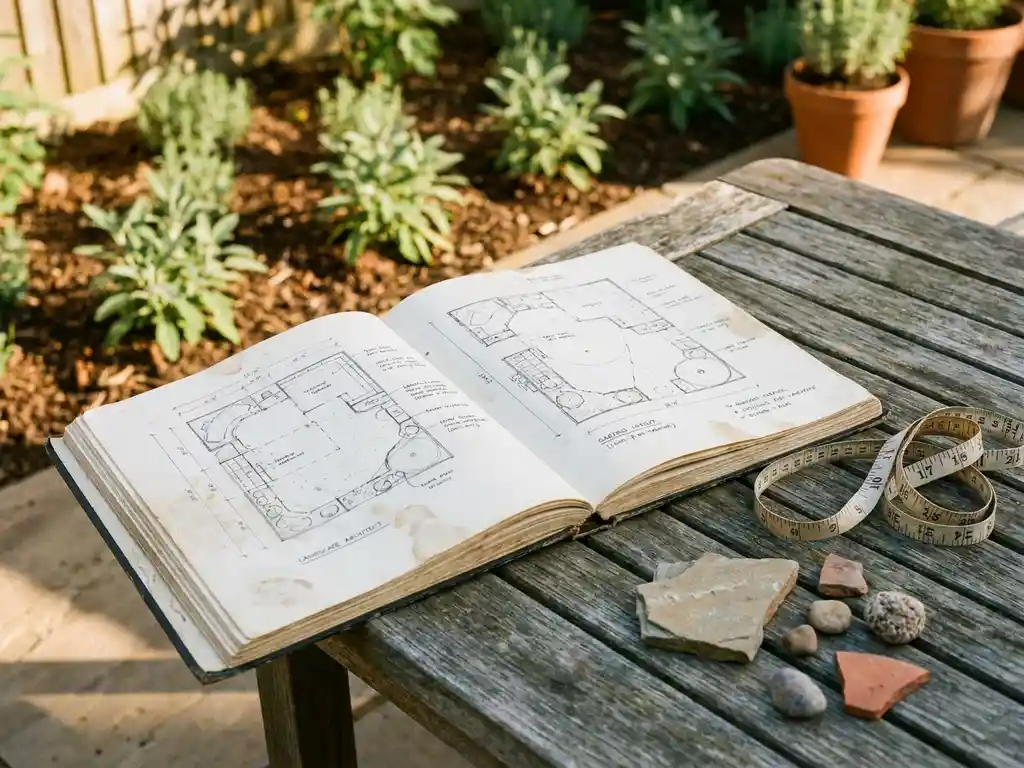 Open schetsboek met tuinontwerptekeningen op verweerde houten tafel, meetlint en natuursteenstalen in warm middaglicht.
