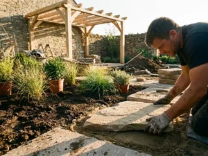 Vakman legt natuurstenen tegels in luxe tuinpatio, omgeven door siergras en een pergola in aanbouw, in warm middaglicht.
