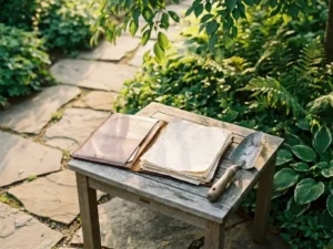 Leren belastingmap met officiële financiële documenten op houten tuintafel, omringd door natuurstenen bestrating en sierbeplanting.