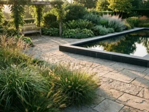 Luxueuze tuin met natuurstenen terras, siergras en rechthoekige zwemvijver omrand met donker basalt in gouden middaglicht.
