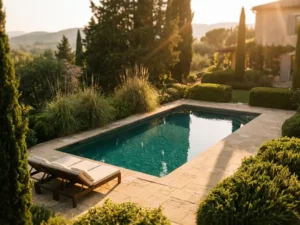 Luxe zwembad met helder blauw water in een verzorgde villatuin, omgeven door natuurstenen rand, groene hagen en een teakhouten ligstoel.