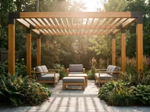 Moderne houten pergola met geometrische schaduwen op stenen terras, loungebank, weelderige borders en warm middagzonlicht.