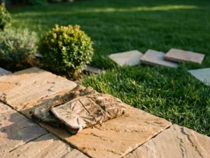 Versleten leren tuinhandschoenen naast een nieuw aangelegd terrasrand van natuursteen, met een weelderig groen gazon en staalstenen op de achtergrond.