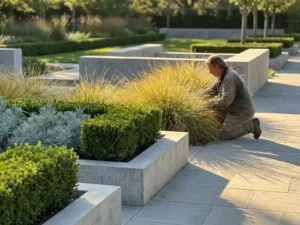Landschapsarchitect naast siergraspol in geometrische tuin met gesnoeide buxushagen en betonnen omranding in gouden middaglicht.