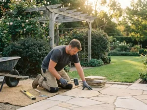 Vakman legt natuurstenen bestrating in een verzorgde tuin, met gereedschap en materiaalstalen op het gras, pergola op de achtergrond.