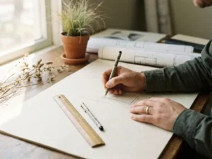 Landschapsarchitect schetst tuinontwerp op crèmekleurig tekenpapier met liniaal en fineliner, siergrassen en opgerolde tekeningen op bureau.