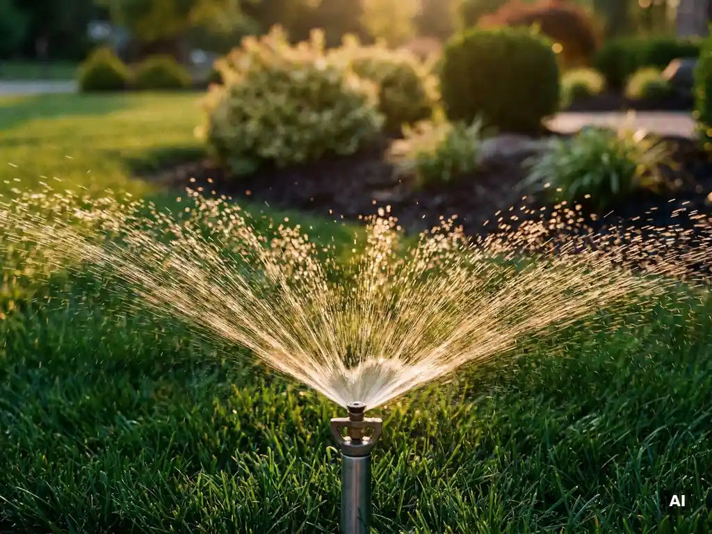 Irrigatiesproeikop sproeit fijn waterwaaiertje over groen gazon, druppels glinsteren in warm middagzonlicht met sierheesters op de achtergrond.