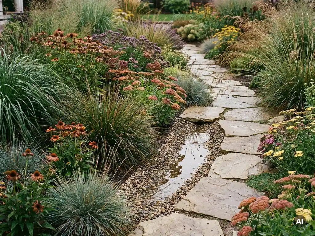 Droogtebestendige siergassen en inheemse vaste planten langs een regentuin met natuurstenen pad in zachte bewolkte belichting.