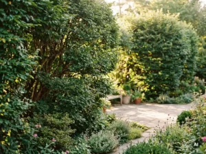 Dichte groene privacyhaag van volwassen bomen langs een tuinborder, met warm middagzonlicht dat door de takken filtert.