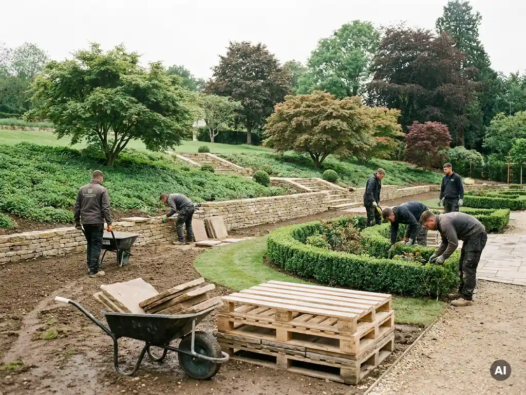 Professioneel hovenier team legt natuurstenen terrassen aan in grote tuin van meer dan 1000 m² met sierbomen en geschoren hagen.