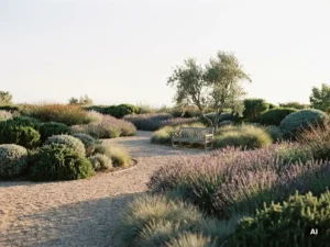 Onderhoudsarme tuin met siergras, lavendel en grindpaden tussen groenblijvende struiken, verwerkte houten bank in gouden middagzon.