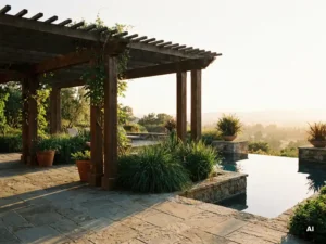 Luxe tuinterras met natuurstenen infinity pool, hardhouten pergola en sierbeplanting in gouden avondlicht op Belgisch hardsteen.