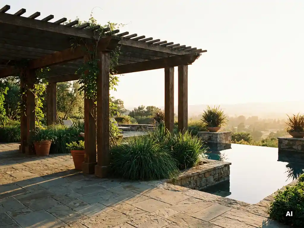Luxe tuinterras met natuurstenen infinity pool, hardhouten pergola en sierbeplanting in gouden avondlicht op Belgisch hardsteen.
