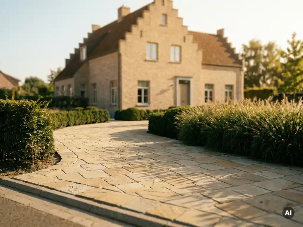 Natuurstenen oprit met siergrassen en lage hagen voor een Nederlandse vrijstaande woning in warm middagzonlicht.