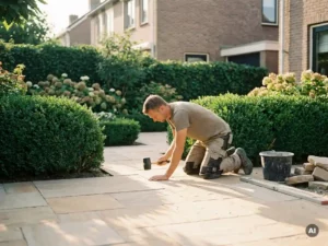 Vakman die natuurstenen tegels legt op een tuinterras van 50 m², met rubberen hamer en groene hagen op de achtergrond.