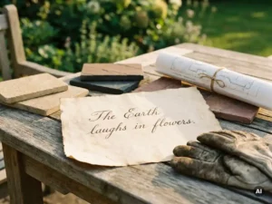 Handgeschreven offerte op verweerde teakhouten tafel, omringd door natuurstenen tegels, tuinontwerp en bemodderde handschoenen, weelderige tuin op achtergrond.