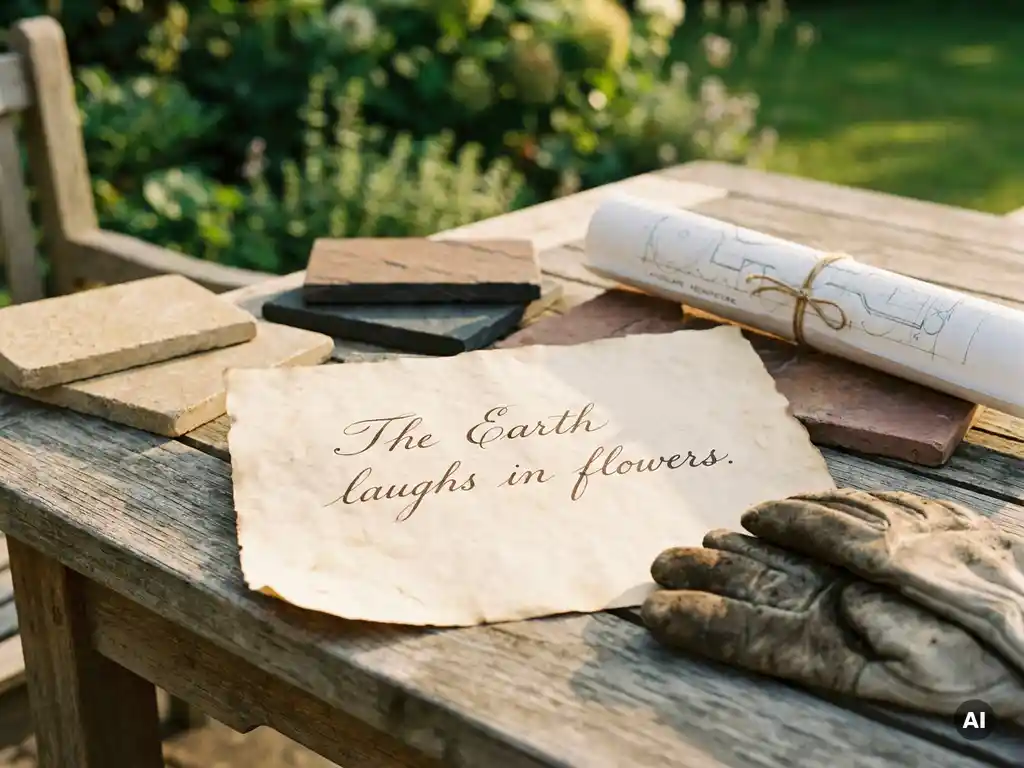 Handgeschreven offerte op verweerde teakhouten tafel, omringd door natuurstenen tegels, tuinontwerp en bemodderde handschoenen, weelderige tuin op achtergrond.