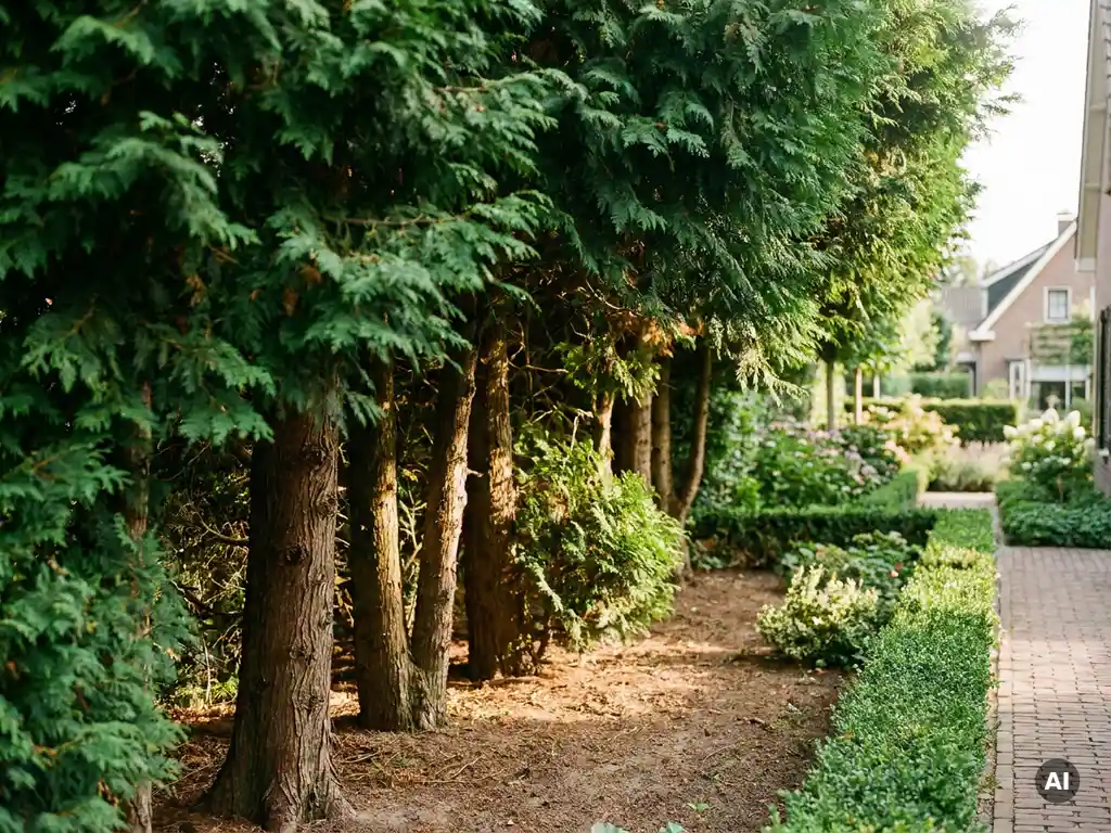 Rij hoge Thuja-bomen als groene privacy haag langs een verzorgde Nederlandse tuin in zacht middaglicht.