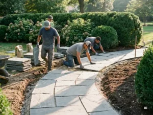Tuinlieden leggen natuurstenen terrastegels in luxe tuin, stapels materiaal naast verse grond, volwassen hagen op achtergrond, gouden middaglicht.