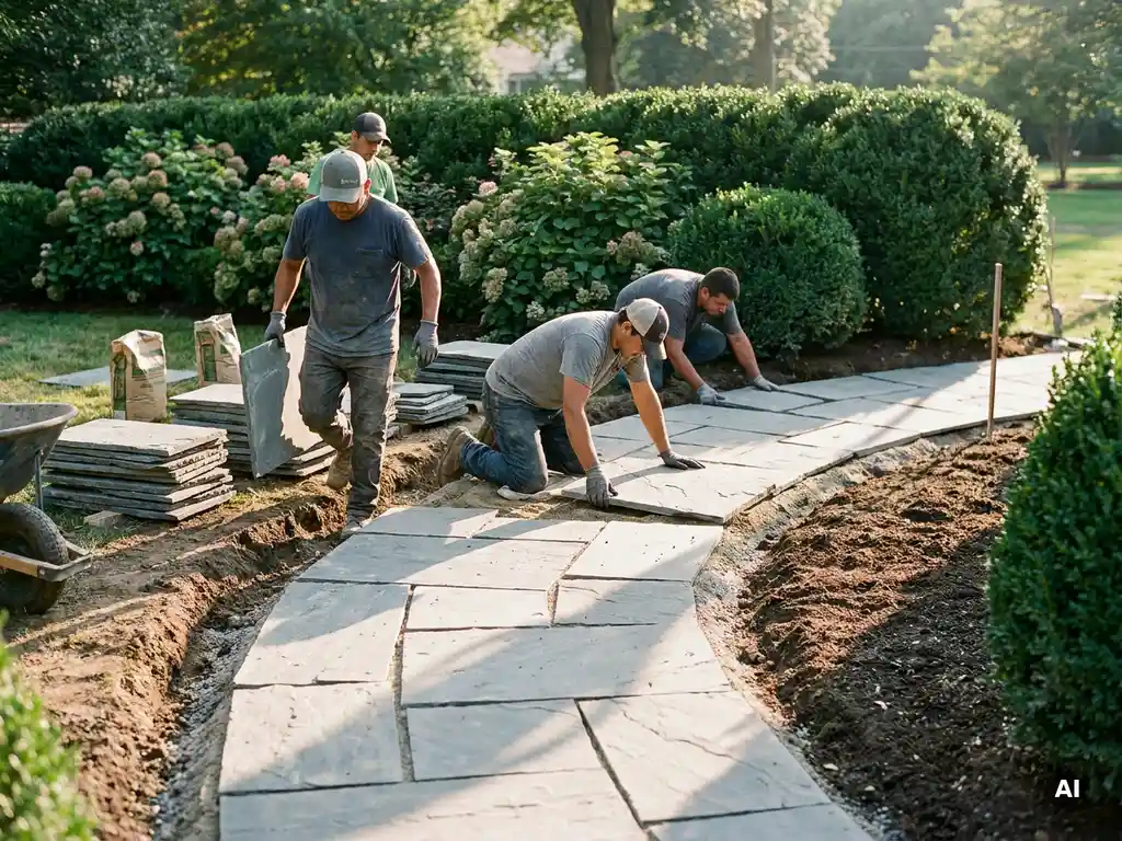 Tuinlieden leggen natuurstenen terrastegels in luxe tuin, stapels materiaal naast verse grond, volwassen hagen op achtergrond, gouden middaglicht.