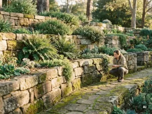 Landschapsarchitect naast getrapte tuin met stenen keermuren, weelderige beplanting en natuurstenen pad op een glooiend achterterrein.