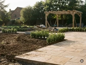 Residentiële tuin in aanleg met pas gelegde zandstenen terras, jonge hagen, donkere grond en houten pergola in warme middagzon.