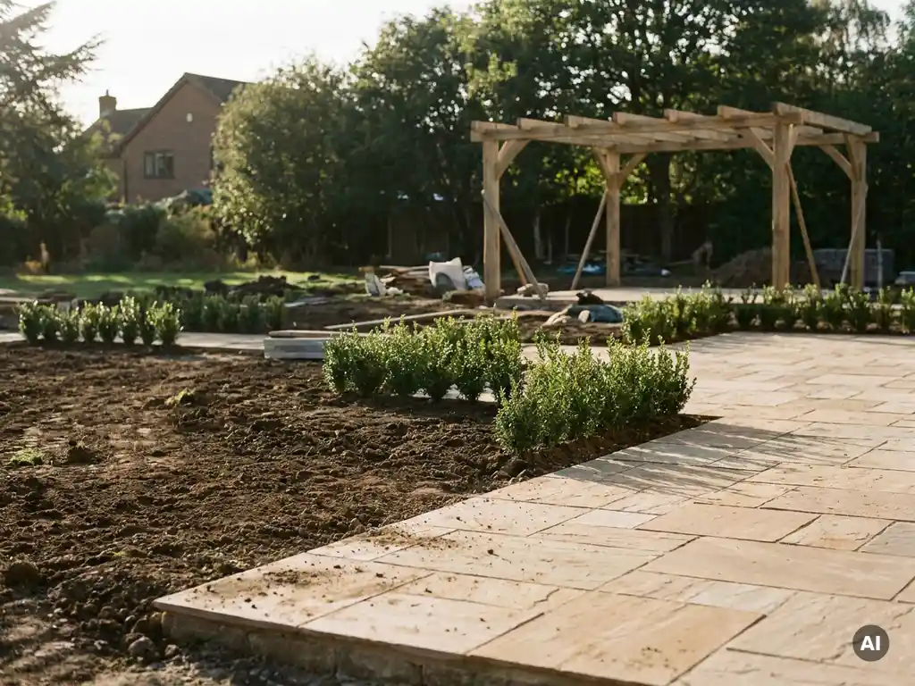 Residentiële tuin in aanleg met pas gelegde zandstenen terras, jonge hagen, donkere grond en houten pergola in warme middagzon.