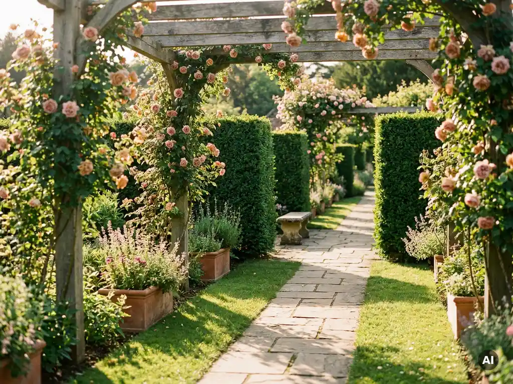 Tuinkamers omgeven door geschoren hagen en een pergola met klimrozen, stenen pad door gouden-uurlicht beschenen borders en gazons.