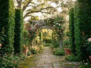 Kronkelend tuinpad van verweerde stenen tegels naar een houten pergola met klimrozen, omzoomd door gesnoeide hagen en een eik in warm middaglicht.