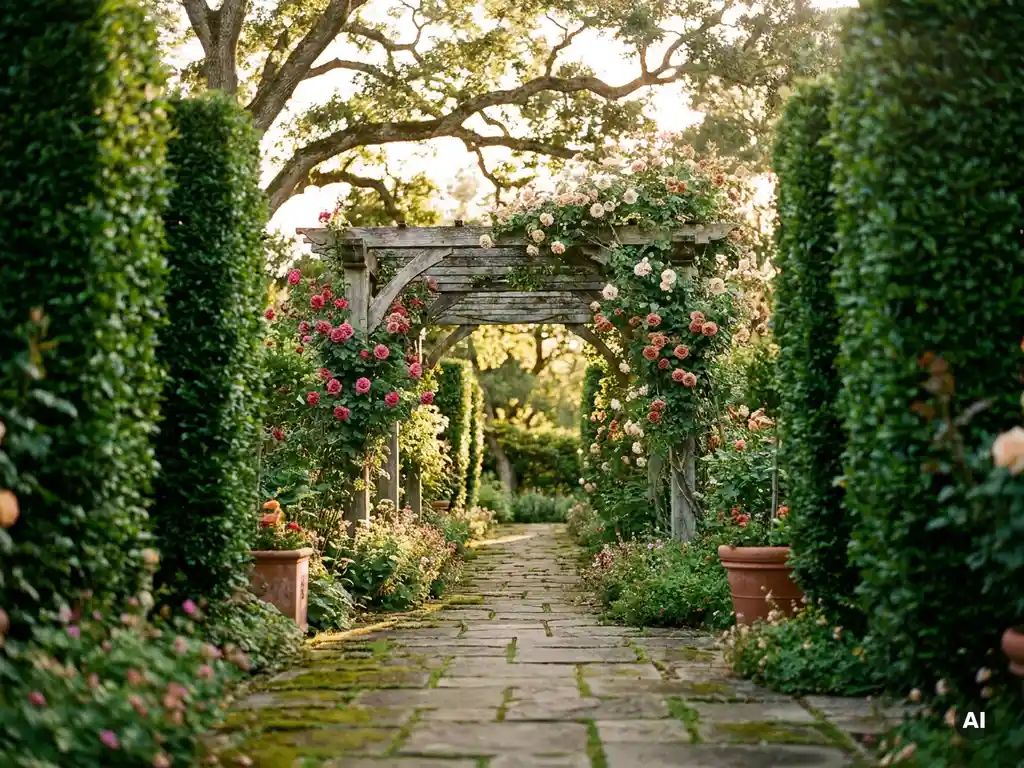 Kronkelend tuinpad van verweerde stenen tegels naar een houten pergola met klimrozen, omzoomd door gesnoeide hagen en een eik in warm middaglicht.