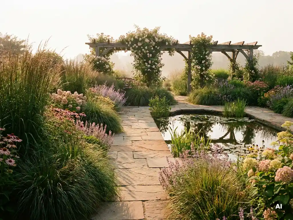 Grote tuin met kronkelend natuurstenen pad, siergras, bloeiende vaste planten, houten pergola met klimrozen en een sierlijke vijver in gouduurlicht.