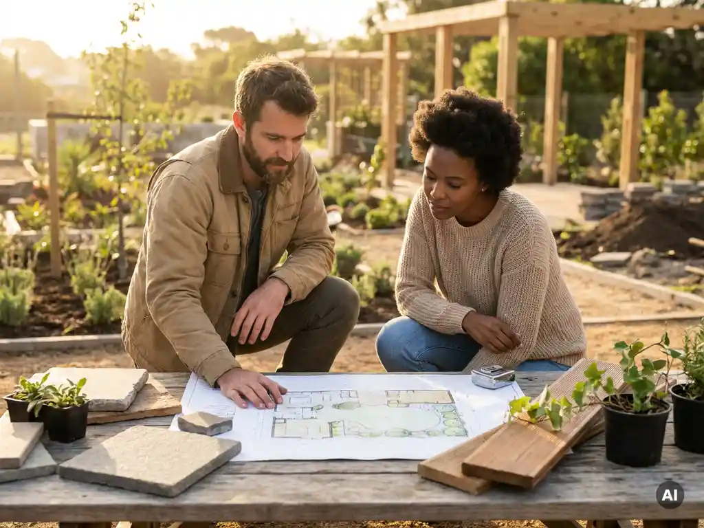 Landschapsarchitect en klant bestuderen samen een handgetekend tuinplan op een houten tafel met materiaalstalen en plantenstekken.