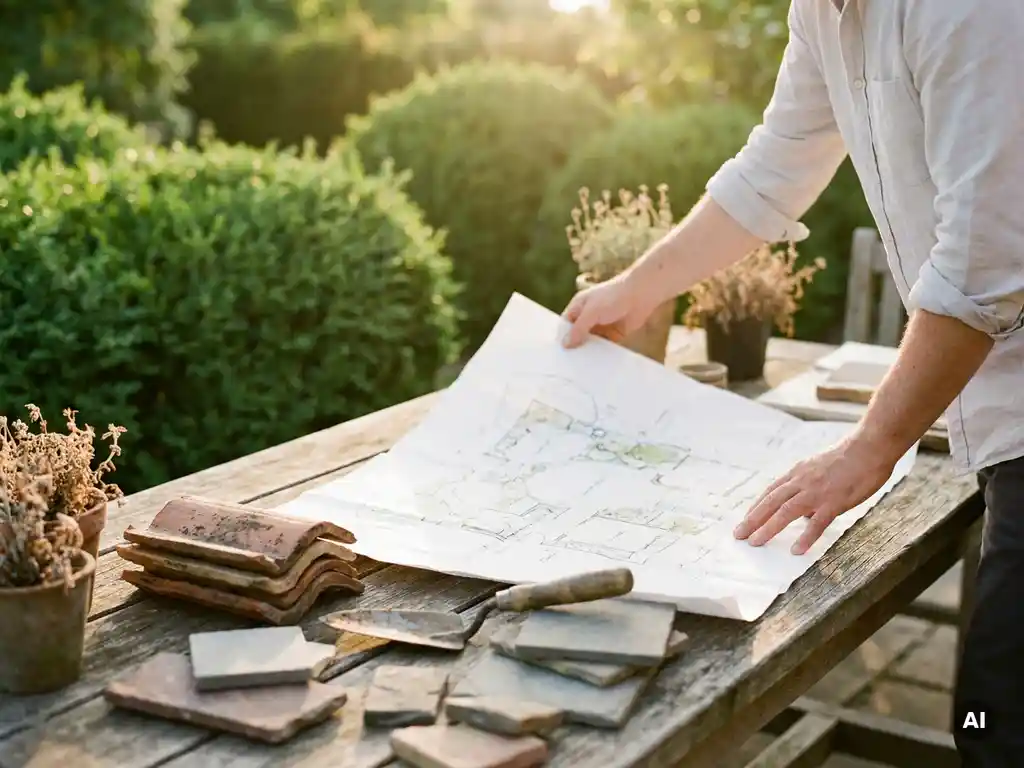 Landschapsarchitect spreidt handgetekend tuinrenovatieplan uit op verweerde houten tafel met materiaalstalen, steenstalen en schepje.