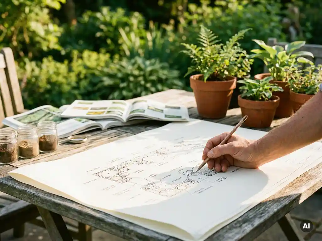 Landschapsarchitect schetst beplantingssymbolen op tuinplannen, omringd door grondmonsters, plantencatalogi en vaste planten in zachte middagzon.