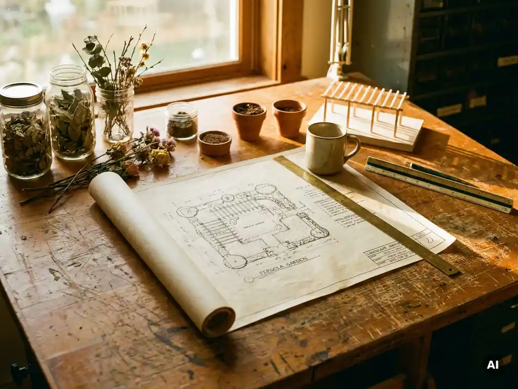 Houten ontwerptafel met uitgerolde tuinblauwdruk, plantmonsters en een schaalmaquette van een pergola in warm middaglicht.
