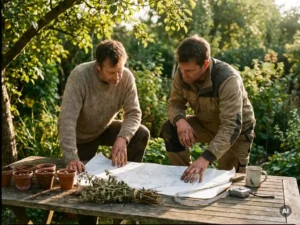 Tuineigenaar en hoveniersvakkundige bekijken samen een tuinontwerp op tafel, omringd door grondmonsters en plantenstekken in gouden avondlicht.